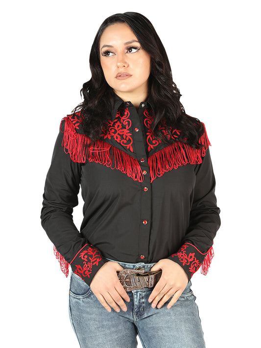 Black/Red Embroidered Long Sleeve Denim Shirt for Women 'El Señor de los Cielos' - ID: 44181 Western Shirt El Señor de los Cielos Black/Red