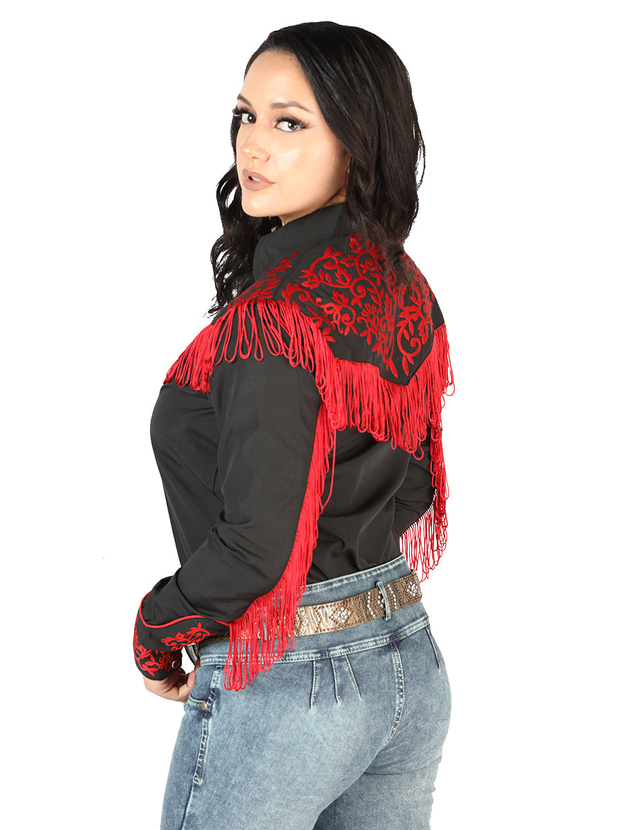 Camisa Vaquera Manga Larga Bordada Negro/Rojo para Mujer 'El Señor de los Cielos' - ID: 44181 Western Shirt El Señor de los Cielos 