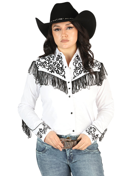 White/Black Embroidered Long Sleeve Denim Shirt for Women 'El Señor de los Cielos' - ID: 44182 Western Shirt El Señor de los Cielos White/Black