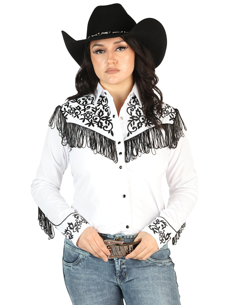 Camisa Vaquera Manga Larga Bordada Blanco/Negro para Mujer 'El Señor de los Cielos' - ID: 44182 Western Shirt El Señor de los Cielos White/Black