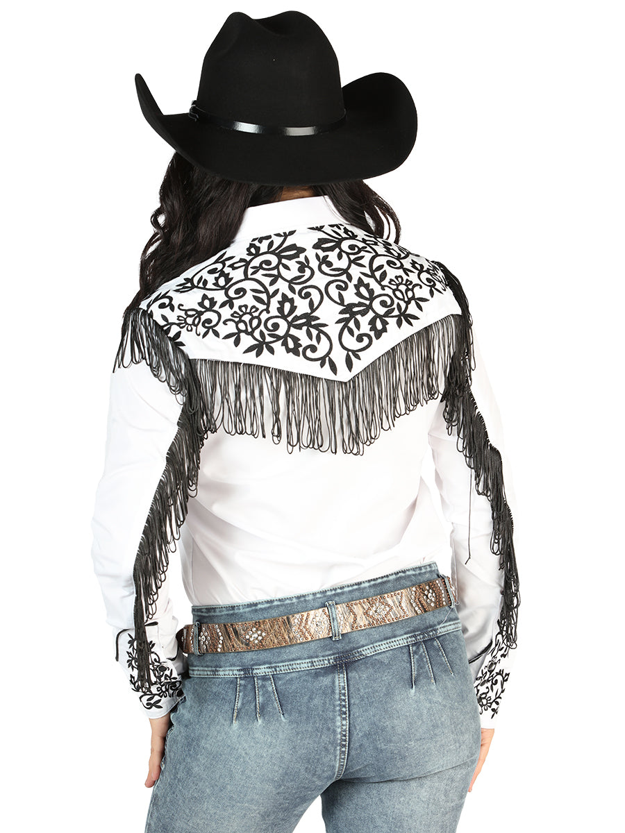 Camisa Vaquera Manga Larga Bordada Blanco/Negro para Mujer 'El Señor de los Cielos' - ID: 44182 Western Shirt El Señor de los Cielos 
