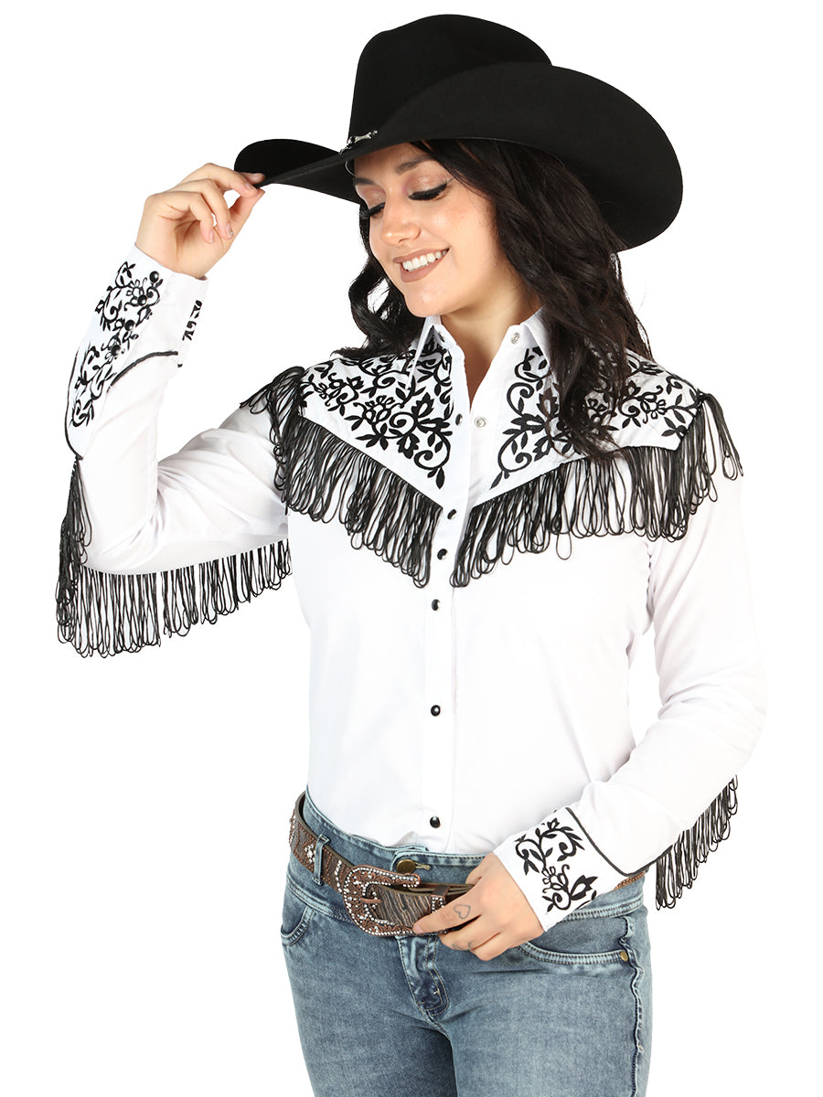 Camisa Vaquera Manga Larga Bordada Blanco/Negro para Mujer 'El Señor de los Cielos' - ID: 44182 Western Shirt El Señor de los Cielos 