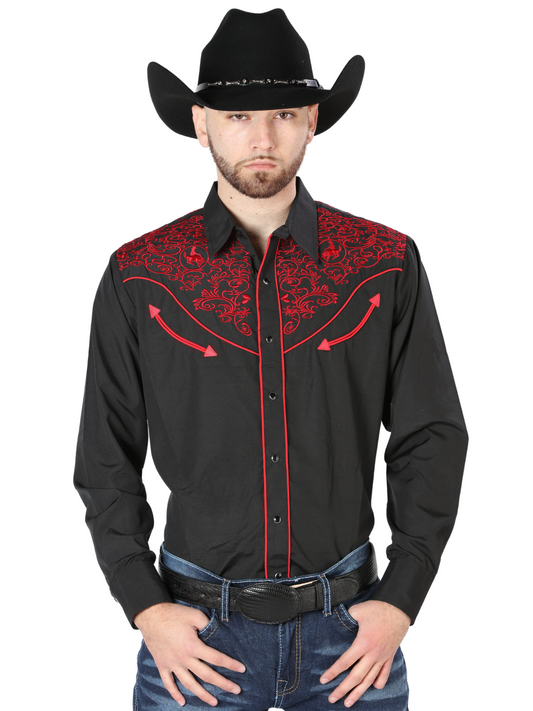 Black Long Sleeve Embroidered Denim Shirt for Men 'El Señor de los Cielos' - ID: 44187 Western Shirt El Señor de los Cielos Black