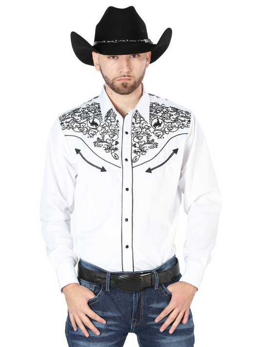 White Long Sleeve Embroidered Denim Shirt for Men 'The Lord of the Skies' - ID: 44188