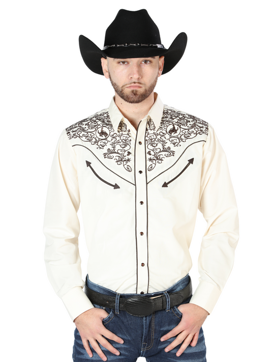 Beige Long Sleeve Embroidered Denim Shirt for Men 'The Lord of the Skies' - ID: 44189