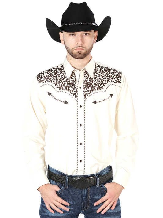 Beige Long Sleeve Embroidered Denim Shirt for Men 'The Lord of the Skies' - ID: 44193