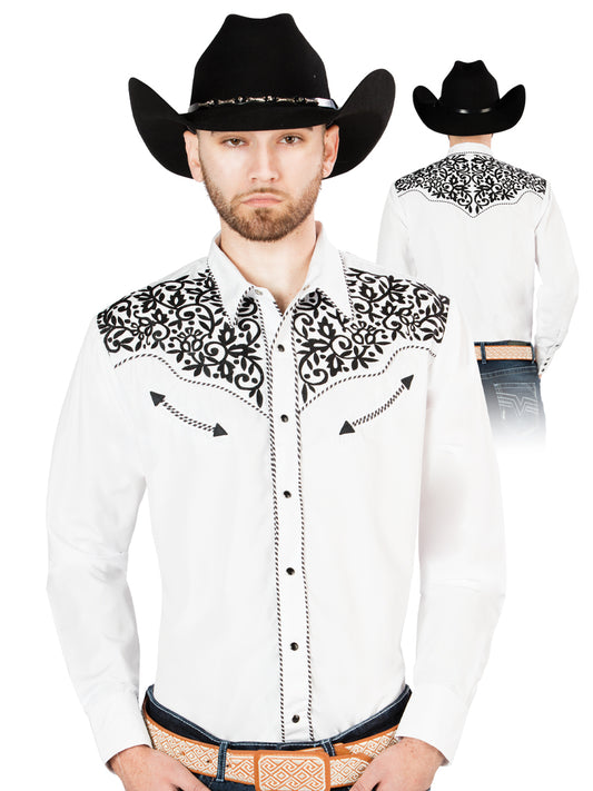 White Long Sleeve Embroidered Denim Shirt for Men 'The Lord of the Skies' - ID: 44194