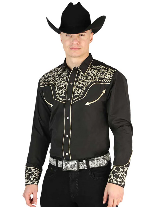 Camisa Vaquera Bordada Manga Larga Negro para Hombre 'El Señor de los Cielos' - ID: 44195 Camisas Bordadas El Señor de los Cielos 