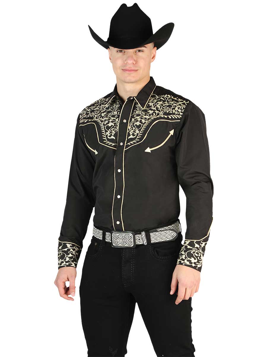 Black Long Sleeve Embroidered Denim Shirt for Men 'El Señor de los Cielos' - ID: 44195 Western Shirt El Señor de los Cielos Black