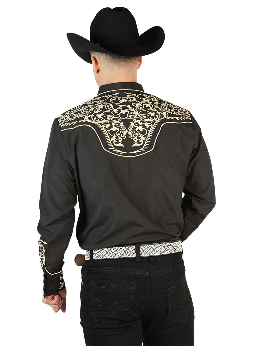 Black Long Sleeve Embroidered Denim Shirt for Men 'El Señor de los Cielos' - ID: 44195 Western Shirt El Señor de los Cielos