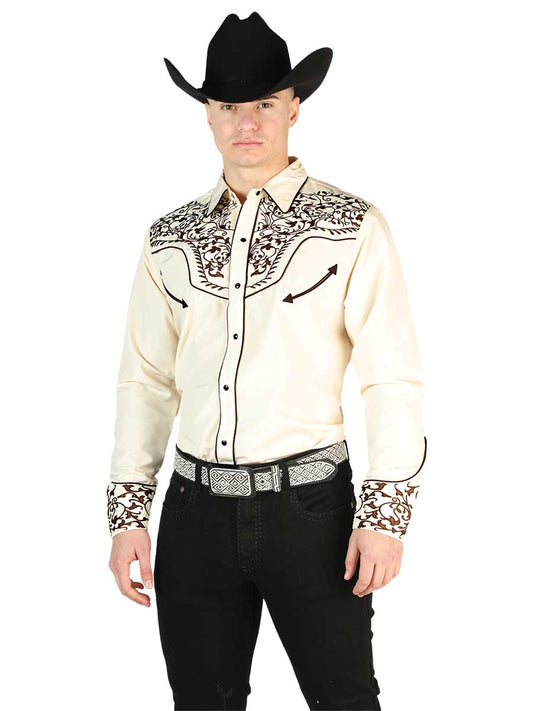Beige Long Sleeve Embroidered Denim Shirt for Men 'The Lord of the Skies' - ID: 44196