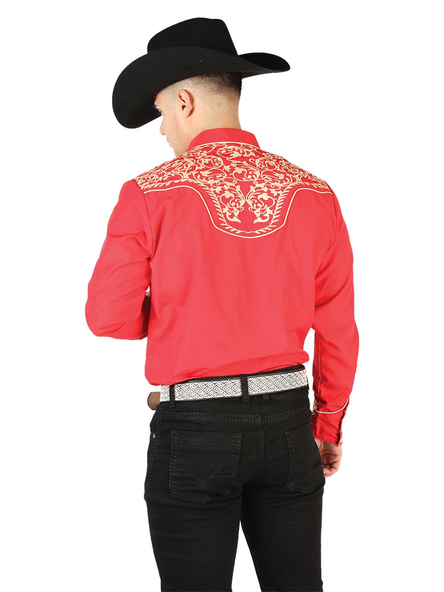 Red Long Sleeve Embroidered Denim Shirt for Men 'El Señor de los Cielos' - ID: 44197 Western Shirt El Señor de los Cielos