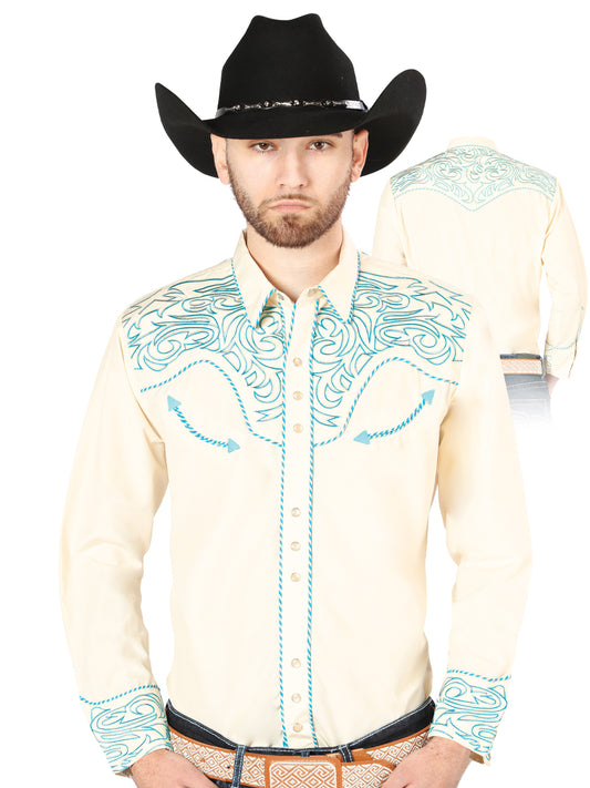 Beige Long Sleeve Embroidered Denim Shirt for Men 'The Lord of the Skies' - ID: 44199
