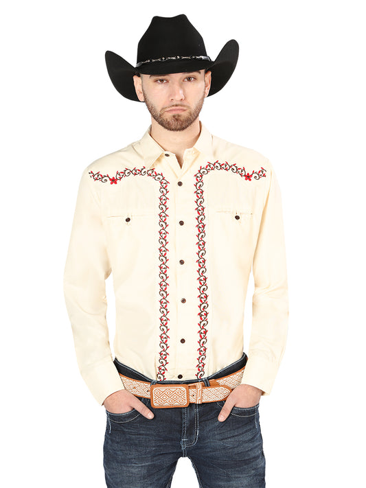 Beige Long Sleeve Embroidered Denim Shirt for Men 'The Lord of the Skies' - ID: 44201