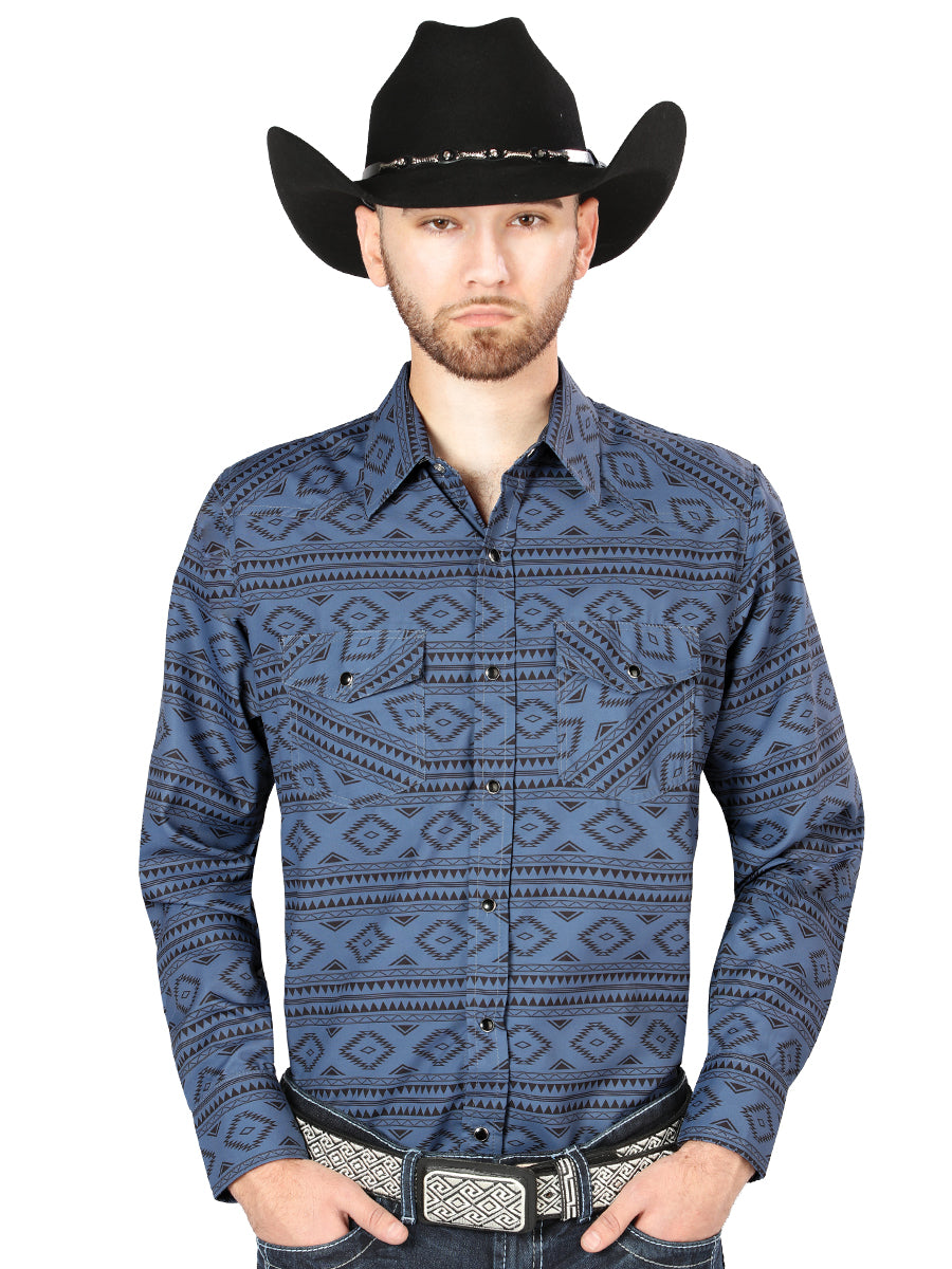 Camisa Vaquera Manga Larga Estampada Azul Oscuro para Hombre 'El Señor de los Cielos' - ID: 44204 Western Shirt El Señor de los Cielos Dark Blue