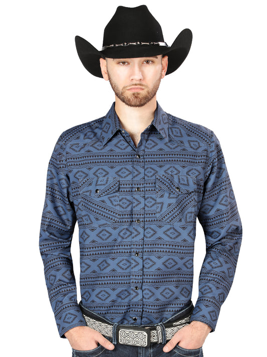 Dark Blue Printed Long Sleeve Denim Shirt for Men 'El Señor de los Cielos' - ID: 44204 Western Shirt El Señor de los Cielos Dark Blue