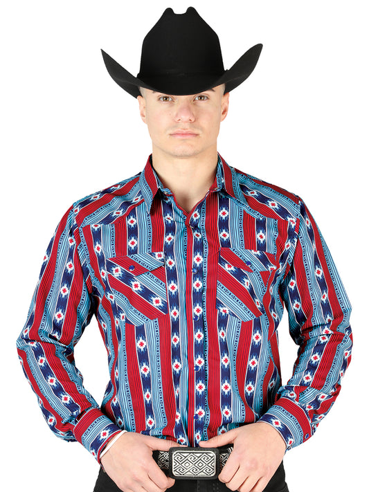 Blue / Red Printed Long Sleeve Denim Shirt for Men 'The Lord of the Skies' - ID: 44212