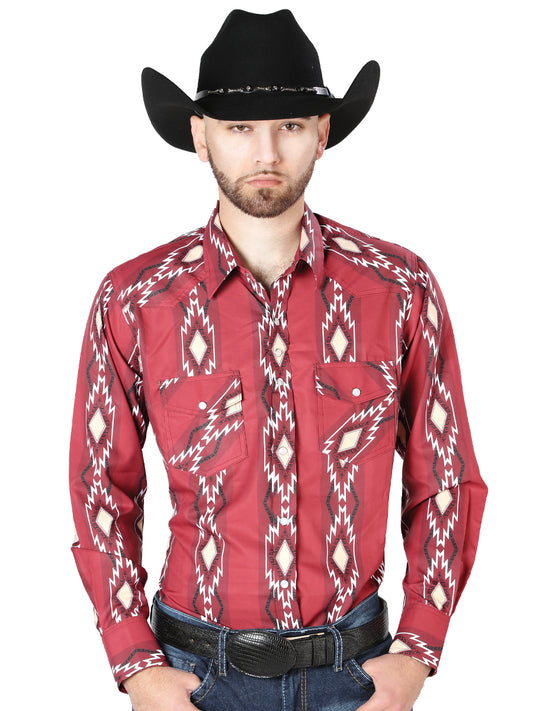 Camisa Vaquera Manga Larga Estampada Burgandy para Hombre 'El Señor de los Cielos' - ID: 44216 Western Shirt El Señor de los Cielos Burgandy