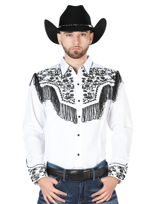 White Long Sleeve Embroidered Denim Shirt for Men 'The Lord of the Skies' - ID: 44223