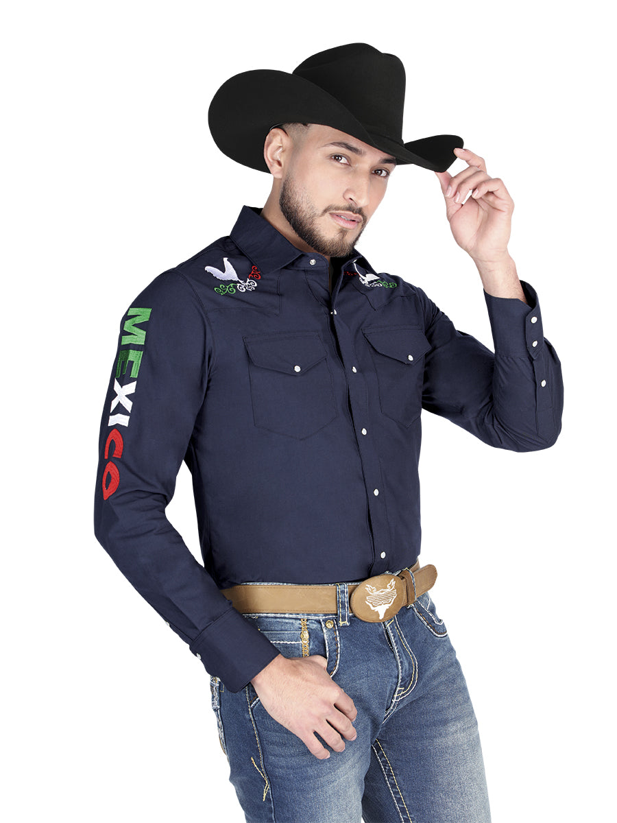 Camisa Vaquera Bordada México Manga Larga Azul Marino para Hombre 'El General' - ID: 44278 Camisas Bordadas El General Navy Blue