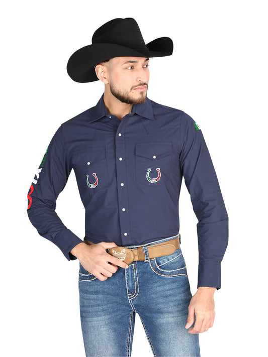 Camisa Vaquera Bordada México Manga Larga Azul Marino para Hombre 'El General' - ID: 44283 Camisas Bordadas El General Navy Blue