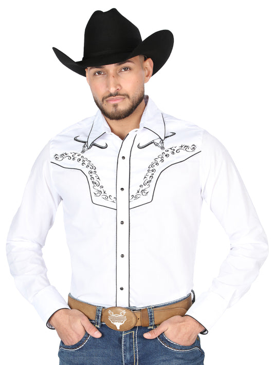 Camisa Vaquera Manga Larga Bordada Blanco para Hombre 'El General' - ID: 44302 Camisas Bordadas El General White