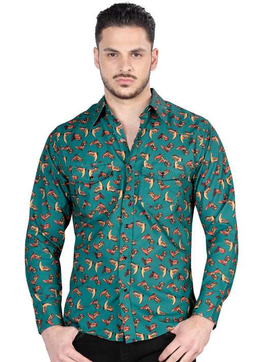 Camisa Casual Manga Larga Estampada Verde Oscuro para Hombre 'El General' - ID: 44319 Camisas Estampadas El General Dark Green