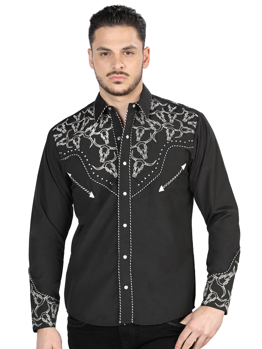 Camisa Vaquera Bordada Manga Larga Negro/Plata para Hombre 'El General' - ID: 44340 Camisas Bordadas El General Black/Silver