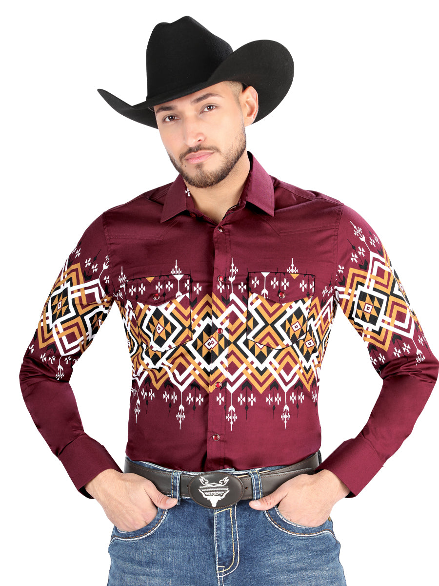 Camisa Vaquera Manga Larga Estampada Burgandy para Hombre 'El Señor de los Cielos' - ID: 44450 Camisas Estampadas El Señor de los Cielos Burgandy