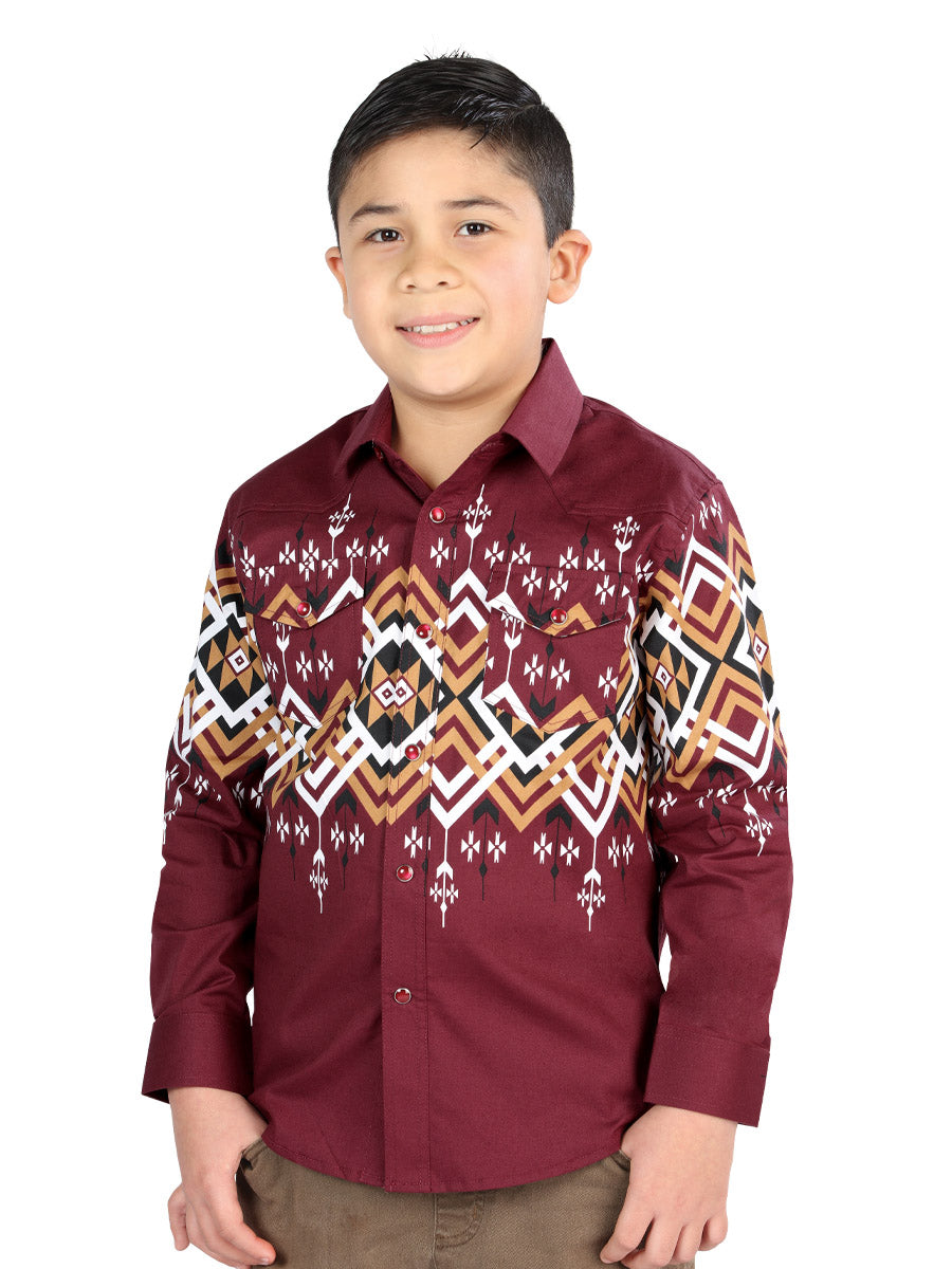 Camisa Vaquera Manga Larga Estampada Burgandy para Niños 'El Señor de los Cielos' - ID: 44465 Camisas Estampadas El Señor de los Cielos Burgandy