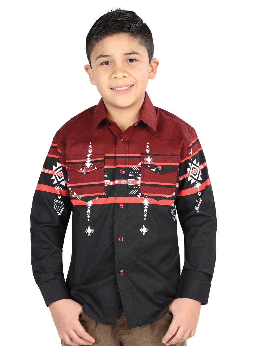 Camisa Vaquera Manga Larga Estampada Negro/Burgandy para Niños 'El Señor de los Cielos' - ID: 44469 Camisas Estampadas El Señor de los Cielos Black/Burgandy