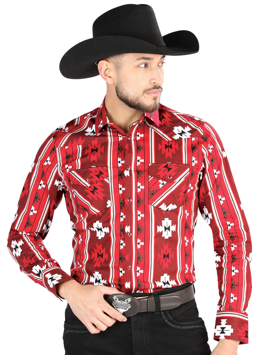 Camisa Vaquera Manga Larga Estampada Rojo para Hombre 'El Señor de los Cielos' - ID: 44472 Camisas Estampadas El Señor de los Cielos Red