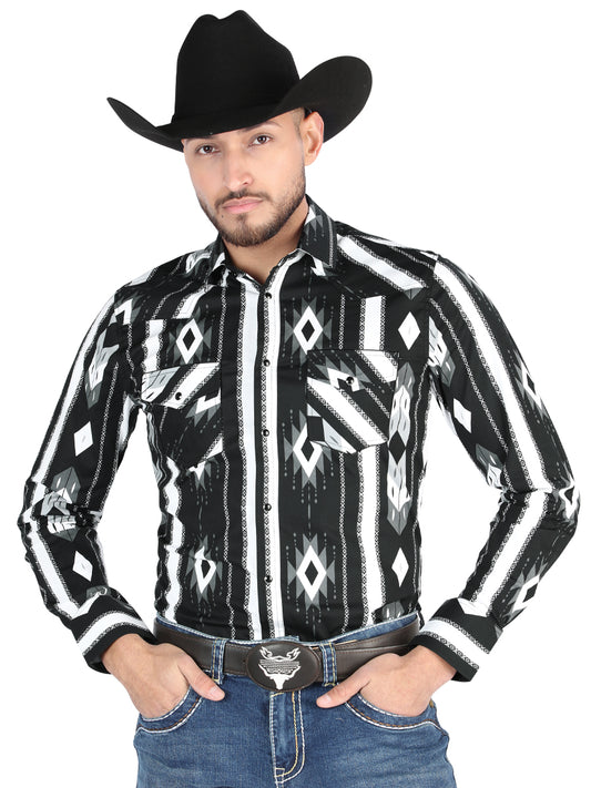 Camisa Vaquera Manga Larga Estampada Negro para Hombre 'El Señor de los Cielos' - ID: 44475 Camisas Estampadas El Señor de los Cielos Black