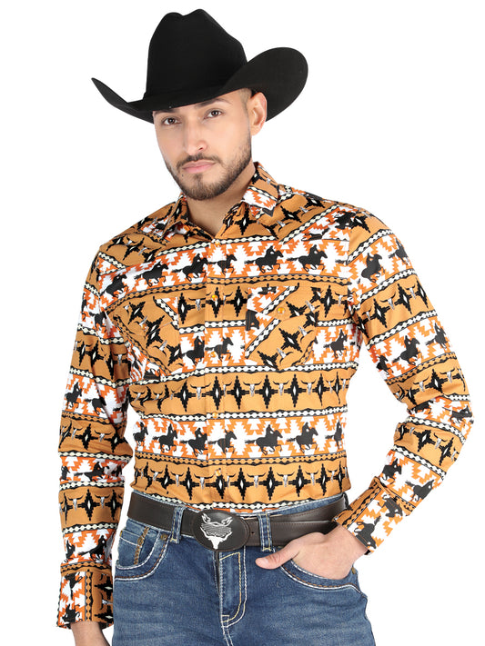 Camisa Vaquera Manga Larga Estampada Caballos Taupe para Hombre 'El Señor de los Cielos' - ID: 44477 Camisas Estampadas El Señor de los Cielos Taupe