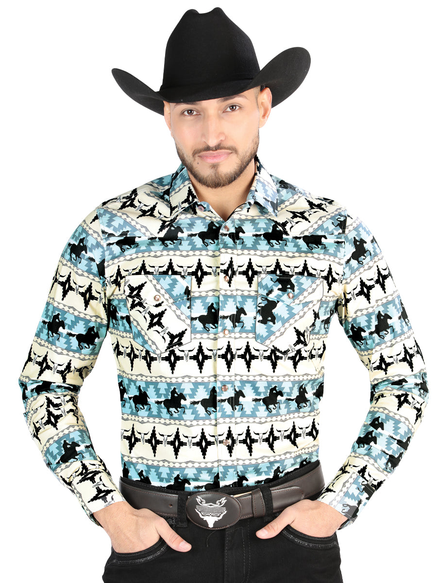 Camisa Vaquera Manga Larga Estampada Caballos Azul para Hombre 'El Señor de los Cielos' - ID: 44478 Camisas Estampadas El Señor de los Cielos Blue