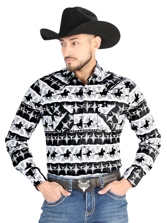 Camisa Vaquera Manga Larga Estampada Caballos Negro para Hombre 'El Señor de los Cielos' - ID: 44483 Camisas Estampadas El Señor de los Cielos Black