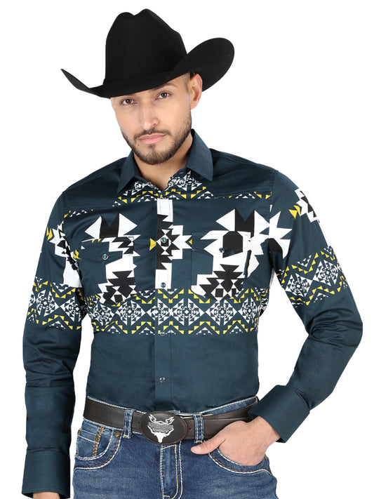 Camisa Vaquera Manga Larga Estampada Teal para Hombre 'El Señor de los Cielos' - ID: 44486 Camisas Estampadas El Señor de los Cielos Teal