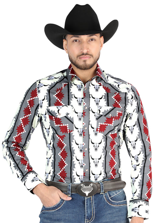 Camisa Vaquera Manga Larga Estampada Marfil para Hombre 'El Señor de los Cielos' - ID: 44489 Camisas Estampadas El Señor de los Cielos Ivory