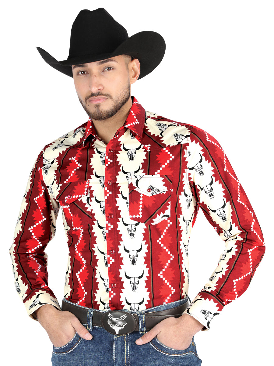 Camisa Vaquera Manga Larga Estampada Burgandy para Hombre 'El Señor de los Cielos' - ID: 44490 Camisas Estampadas El Señor de los Cielos Burgandy