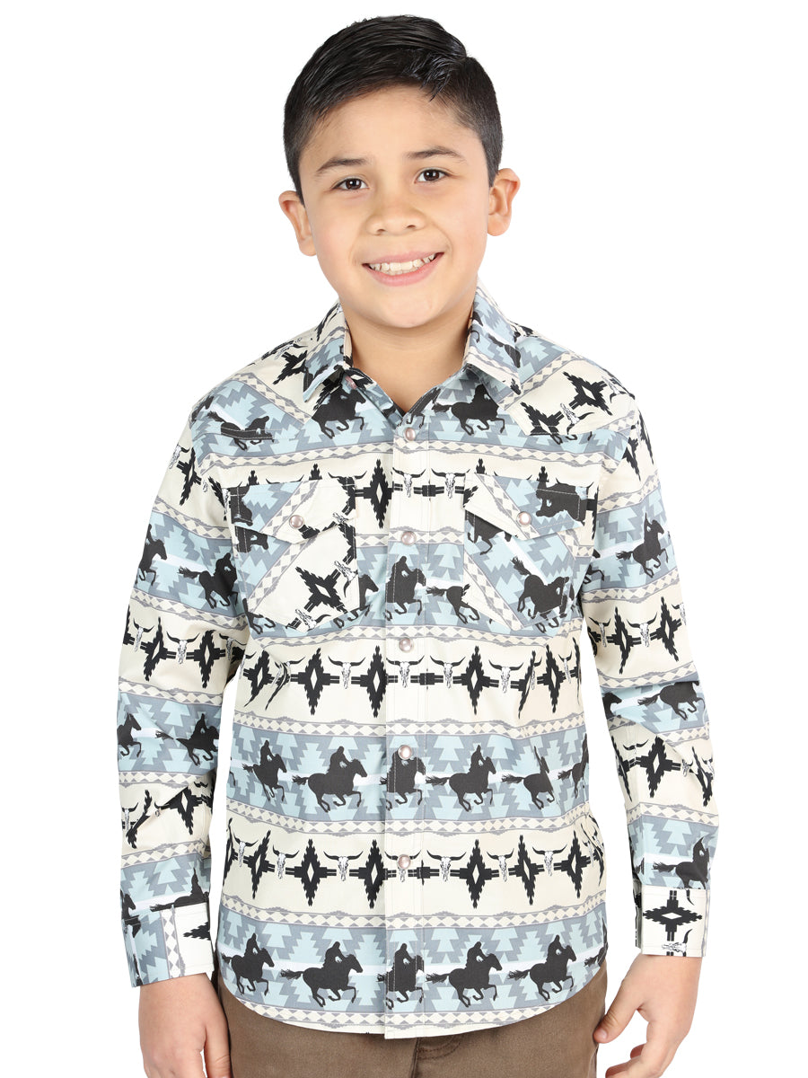 Camisa Vaquera Manga Larga Estampada Caballos Azul para Niños 'El Señor de los Cielos' - ID: 44494 Camisas Estampadas El Señor de los Cielos Blue