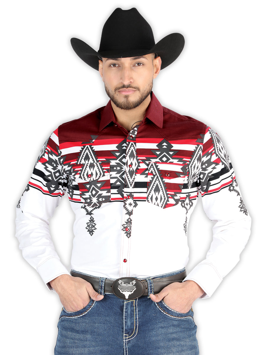 Camisa Vaquera Manga Larga Estampada Burgandy para Hombre 'El Señor de los Cielos' - ID: 44497 Camisas Estampadas El Señor de los Cielos Burgandy