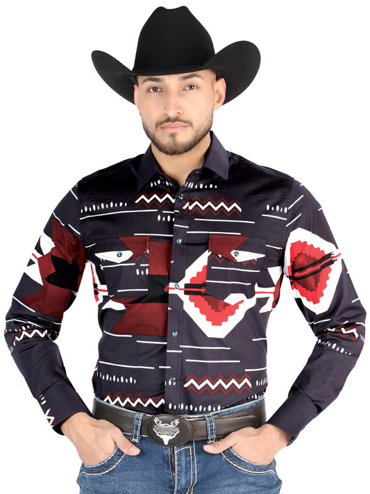 Camisa Vaquera Manga Larga Estampada Negro/Burgandy para Hombre 'El Señor de los Cielos' - ID: 44498 Camisas Estampadas El Señor de los Cielos Black/Burgandy