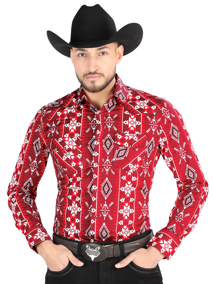 Camisa Vaquera Manga Larga Estampada Rojo para Hombre 'El Señor de los Cielos' - ID: 44504 Camisas Estampadas El Señor de los Cielos Red