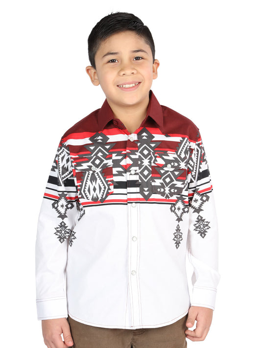 Camisa Vaquera Manga Larga Estampada Burgandy para Niños 'El Señor de los Cielos' - ID: 44506 Camisas Estampadas El Señor de los Cielos Burgandy