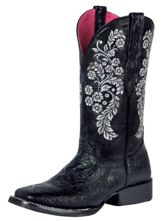 Botas Vaqueras Rodeo con Grabado Floral de Piel Genuina para Mujer 'El General' - ID: 44636 Cowgirl Boots El General Negro