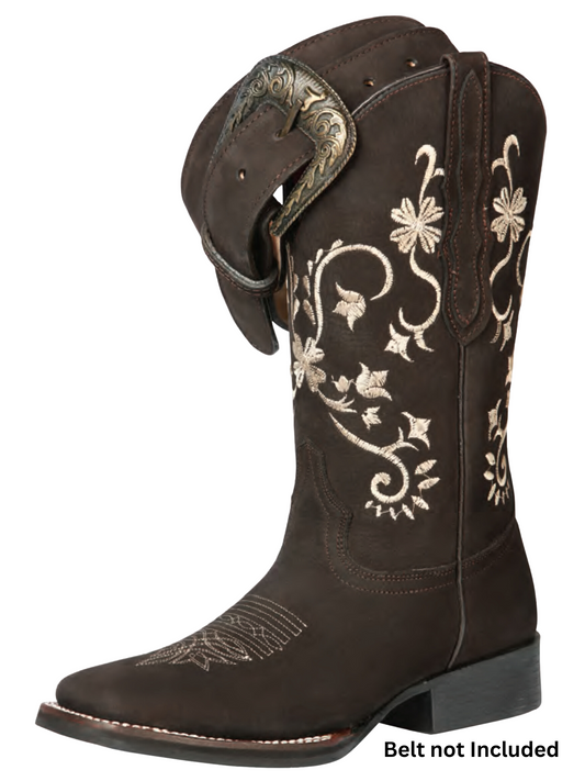 Rodeo Cowboy Boots with Nobuck Leather Flowers Embroidered Tube for Women 'El General' - ID: 44642