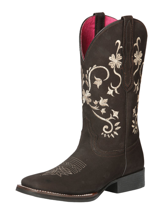 Rodeo Cowboy Boots with Nubuck Leather Flower Embroidered Tube for Women 'El General' - ID: 44642 Cowgirl Boots El General Cafe