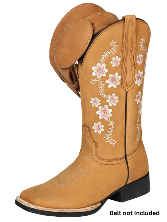 Rodeo Cowboy Boots with Nobuck Leather Flowers Embroidered Tube for Women 'El General' - ID: 44644