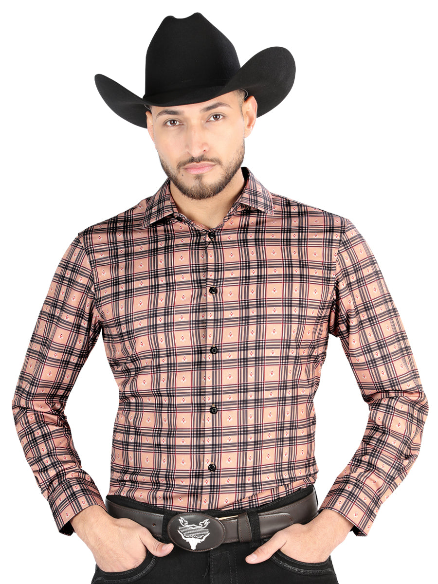 Camisa Vaquera Manga Larga Estampada Cuadros Beige/Negro para Hombre 'El Señor de los Cielos' - ID: 44697 Camisas de Cuadros El Señor de los Cielos Beige/Black