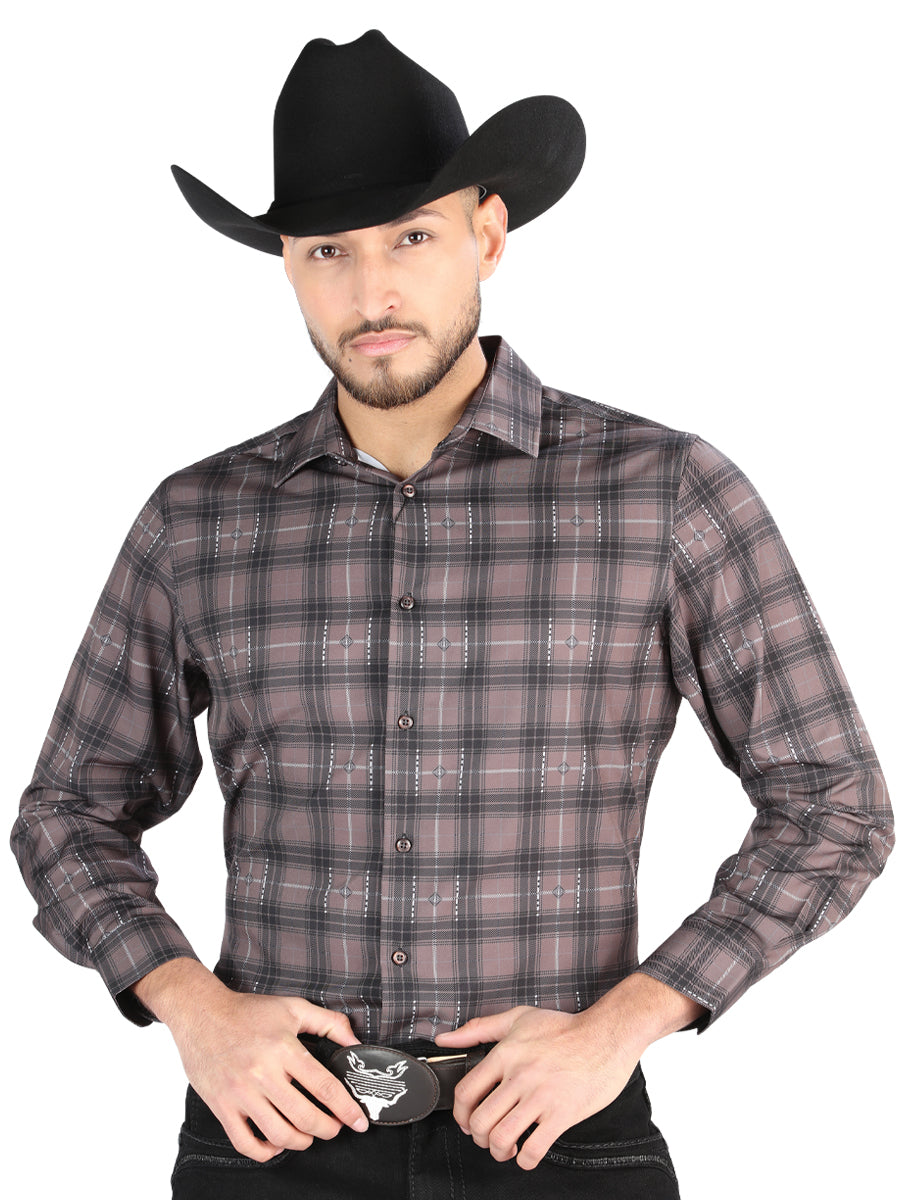 Camisa Vaquera Manga Larga Estampada Cuadros Moka/Olivo para Hombre 'El Señor de los Cielos' - ID: 44712 Camisas de Cuadros El Señor de los Cielos Moka/Olive